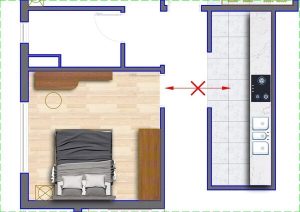 Cửa phòng ngủ đối diện phòng bếp